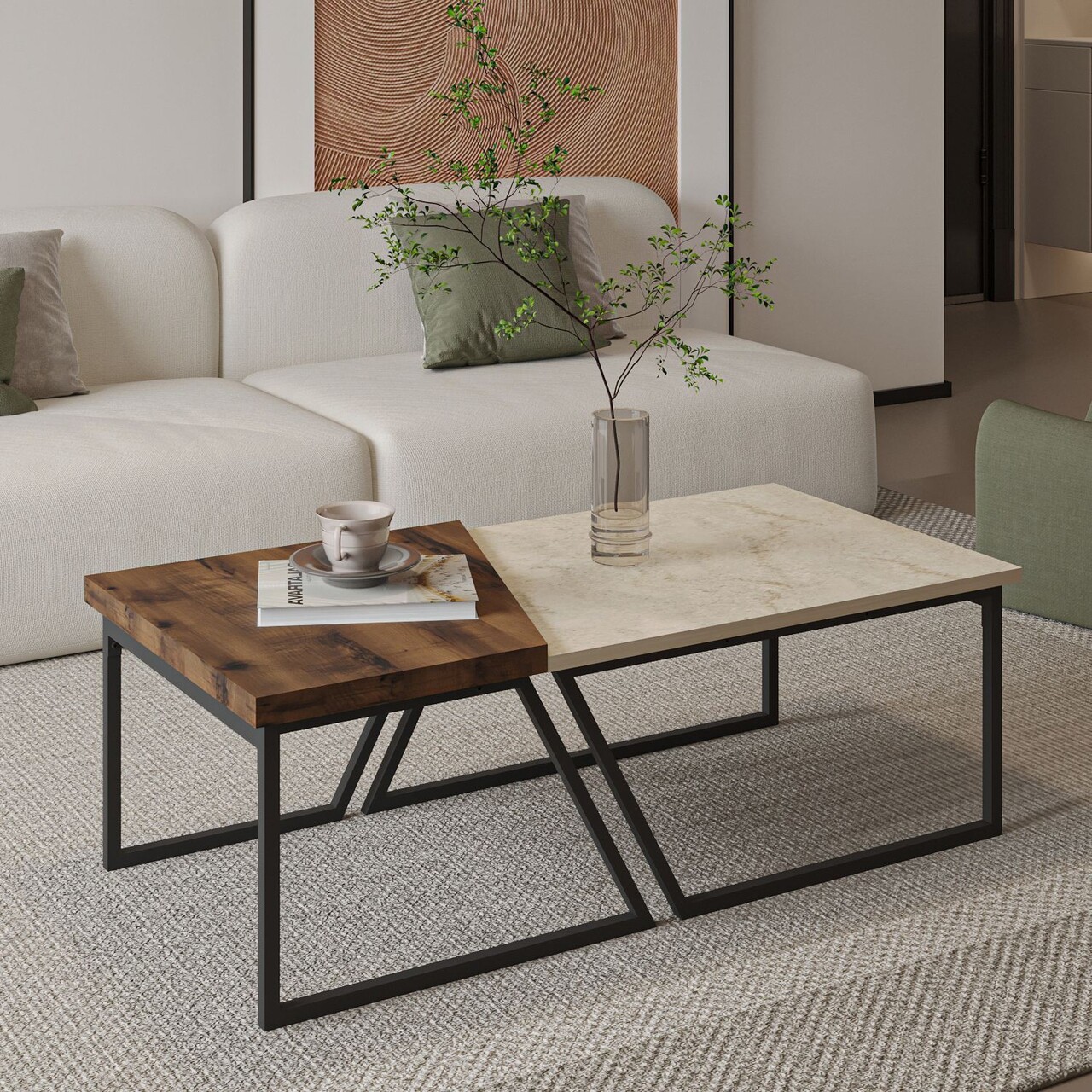 Set masute de cafea, Hanah Home, Verona P0024623, PAL, Travertin / Nuc rustic - imagine 7